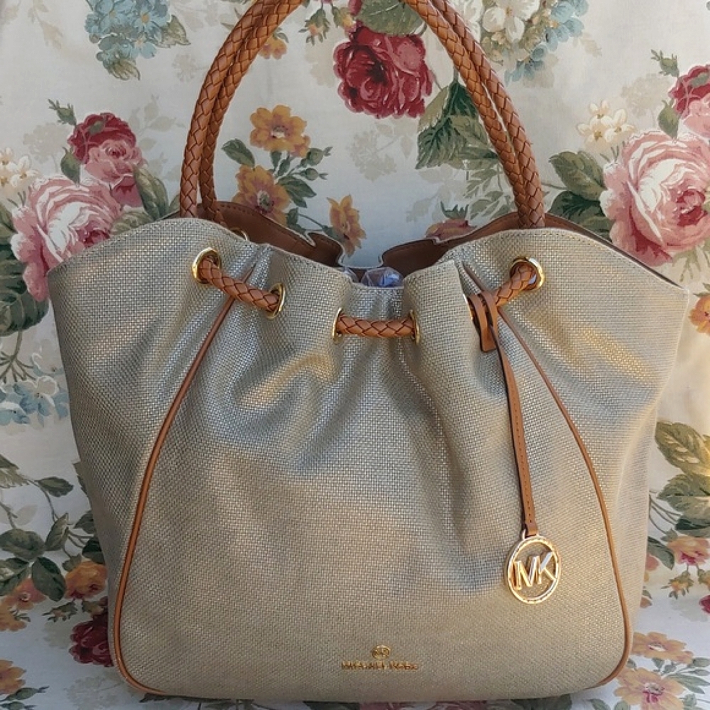 Michael Kors Metalic Tan Canvas Tote with Gathered Closure and Braided Handles